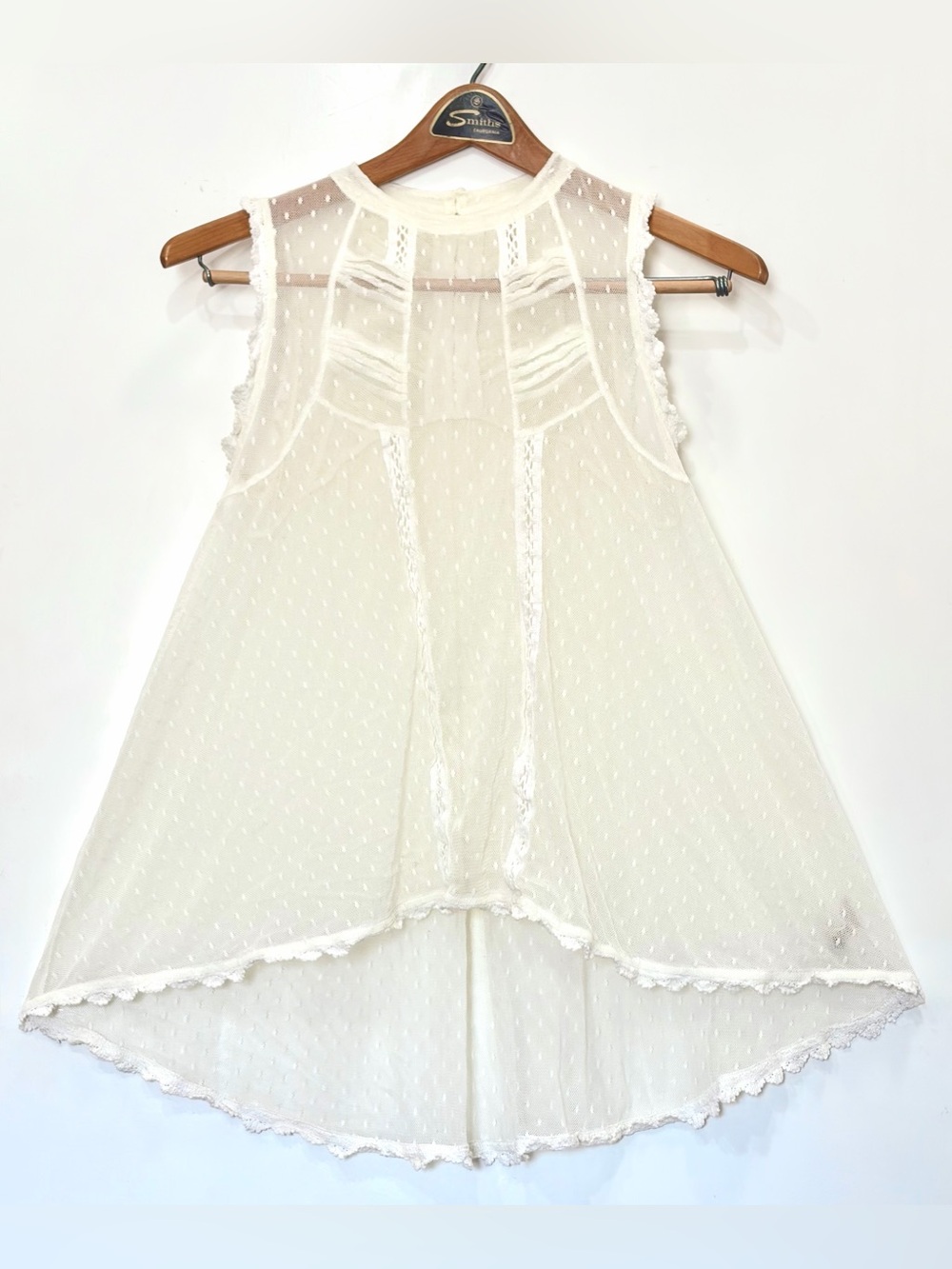 Free People- Ivory Sheer Swiss Dot High-Low Lace Trim Chemise